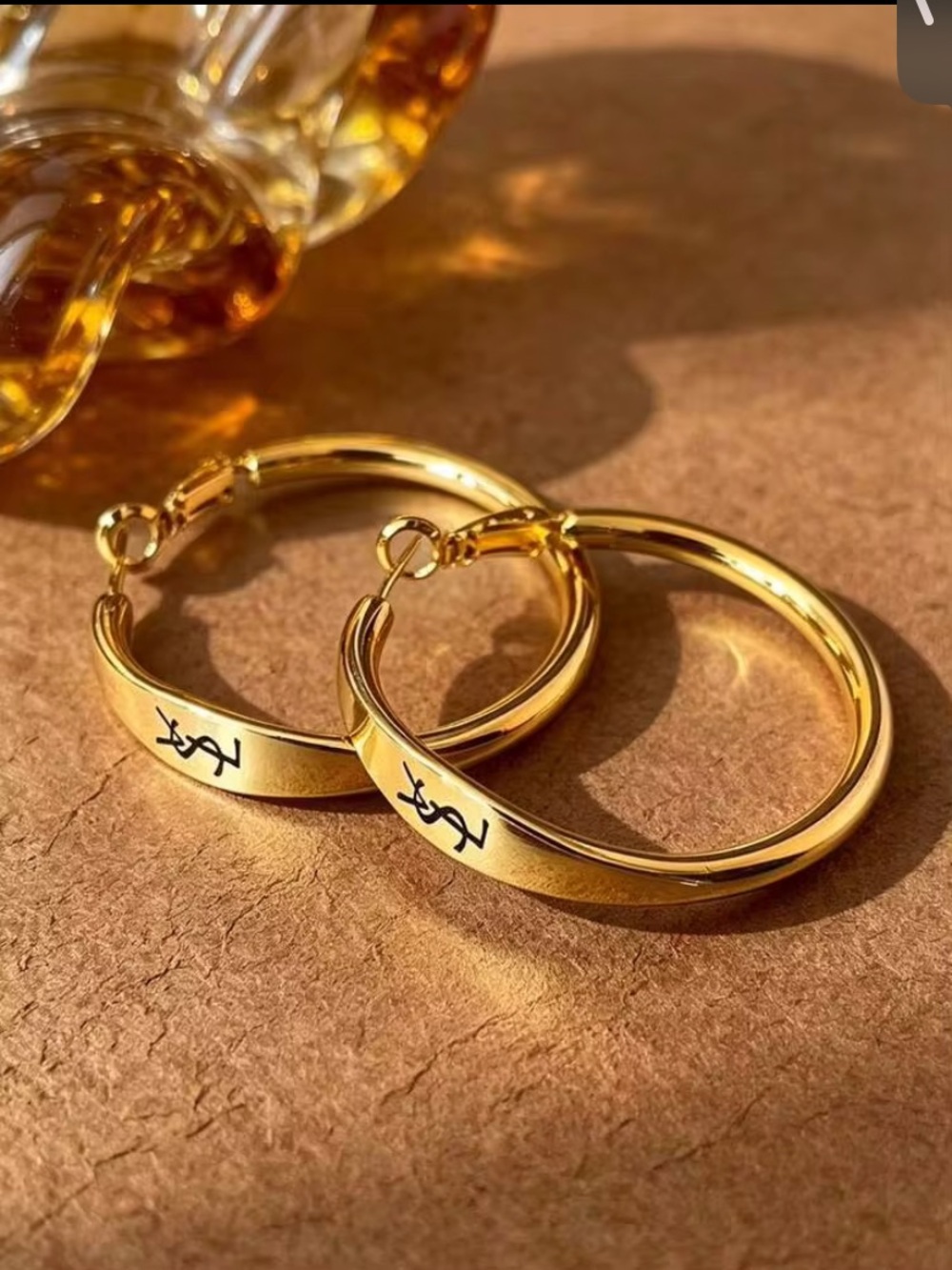 Gold Hoop Earrings with Black YSL Accent Logo - Women Jewelry